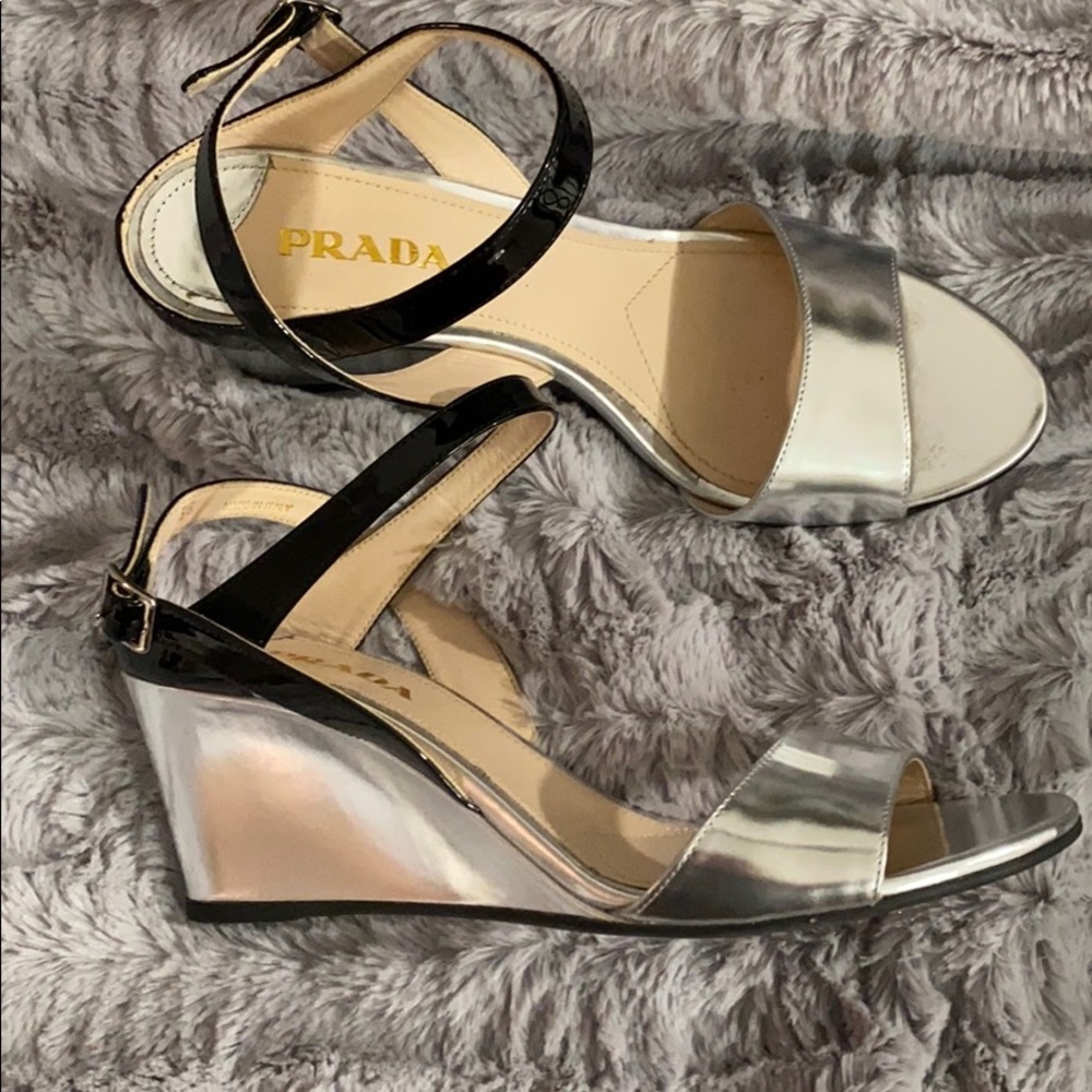 Prada Metallic Silver and Black Sandal/Wedges